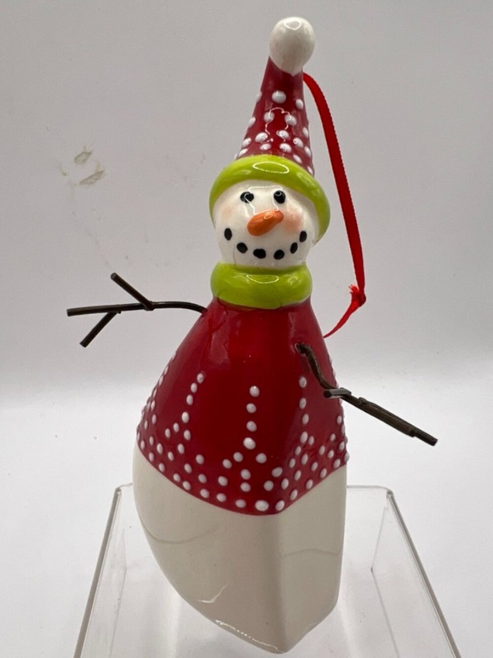 Glossy CERAMIC 3.5” SNOWMAN ORNAMENT Tree & Green Sweater Metal Arms